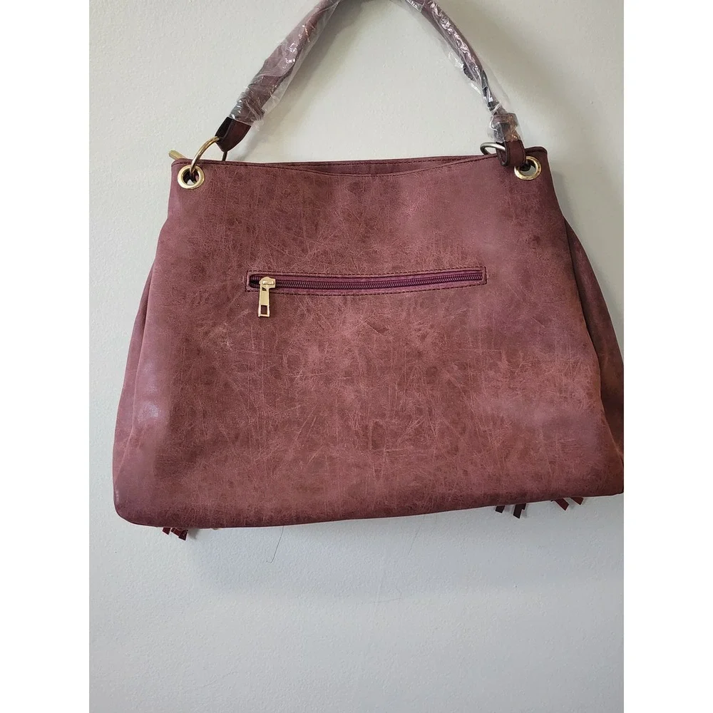 Mellow World NWOT Amethyst Faux Leather Woven Fringe Hobo Bag Burgundy Boho